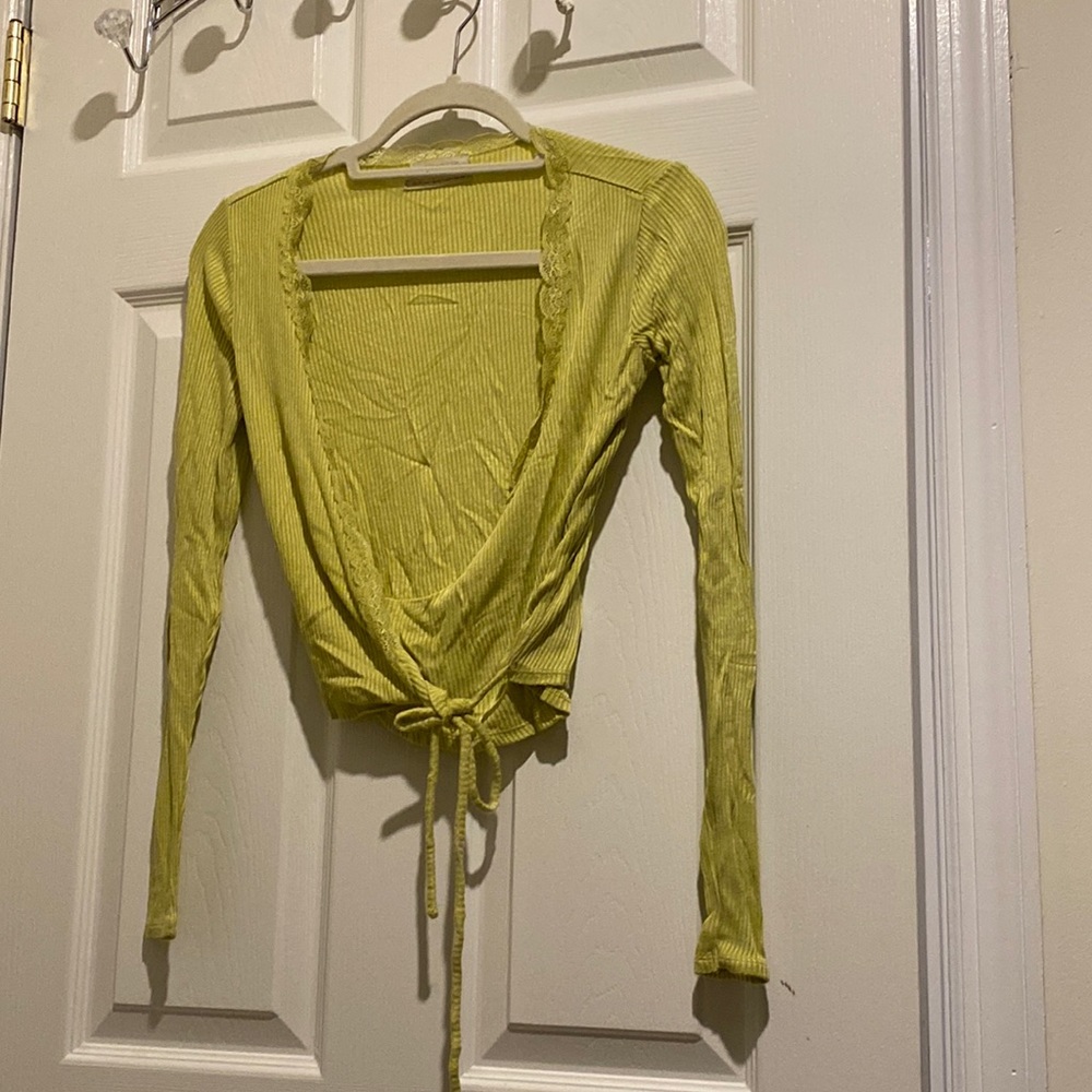 Urban Outfitters Lace Ribbed Long Sleeve Wrap Top